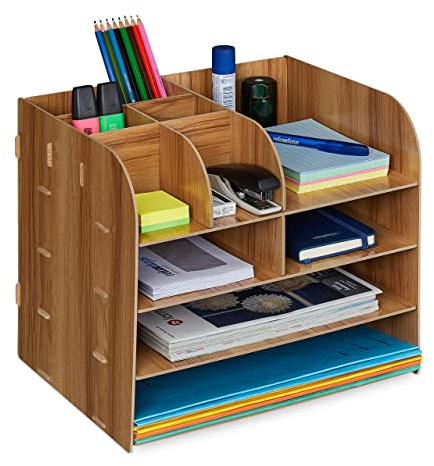 Relaxdays Schreibtisch Organizer mit Dokumentenablage, 10 Fächer, HBT: 27,5 x 32,5 x 25 cm, Büroorganizer, dunkelbraun