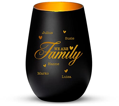 Love Faith We Are Family Windlicht Schwarz/Gold - Personalisiertes Windlicht für Teelichter mit Namen-Gravur - Geschenk für Eltern & Großeltern