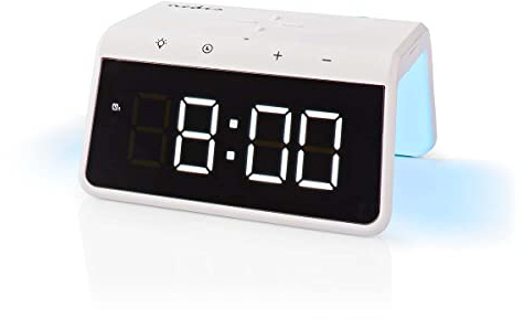 Nedis Wecker Kabelloses Ladegerät, Qi Zertifiziert, 5/7.5/10 / 15 W, USB-A Stecker, Nachtlicht, 2 Alarmzeiten, Snooze-Funktion - Weiß