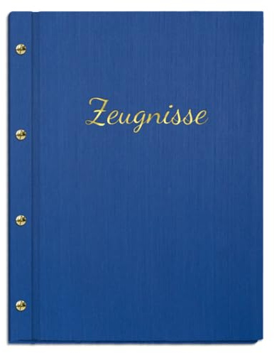 Handgefertigte Zeugnismappe in blauer Leinenoptik mit Prägung | für Zeugnisse in DIN A4 - inkl. 12 Sichthüllen - handgefertigte Prägung in vielen Farbvarianten