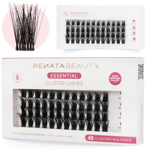 Renata Beauty Pestañas Essential - Multipack 48 Pestañas Cluster para Extensión de Pestañas DIY en Casa – Suaves y Reutilizables – Banda Transparente Ultrafina – Extensiones de Pestañas de Abanico