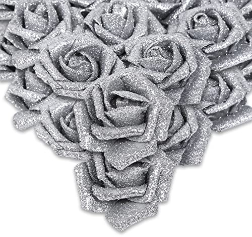 IPOPU Künstliche Rosen, künstliche Blumen, Glitzerblumen, Schaumstoffrosen mit Stiel, für DIY, Hochzeit, Brautstrauß, Zuhause, Party und als Weihnachtsdekoration, 50 Stück, silberfarben
