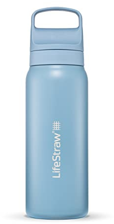 LifeStraw Go Series — Insulated Stainless Steel Water Filter Bottle for Travel and Everyday Use Removes Bacteria, Parasites and Microplastics, Improves Taste, 24oz Icelandic Blue
