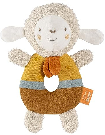 Fehn Baby Anneau de préhension Mouton - Doudou en coton issu de l'agriculture biologique - Jouet pour bébé avec hochet pour apprendre en s'amusant - pour bébés & jeunes enfants à partir de 0+ mois