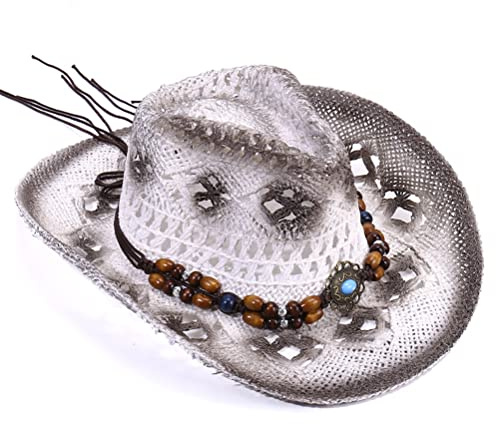 Syangkaitian Stroh-Cowboy-Hut für Damen und Herren, Western-Cowboy-Hut, Stroh-Cowboy-Cowgirl-Hut für Herren und Damen, breite Krempe, hohl, atmungsaktiv, Sonnenhut mit Perlenbesatzband, Western-Stil f