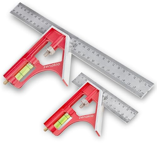 Zenakio Kombinationswinkel Set 150mm & 300mm - metrisch - Zwei Präzise Universal Kombiwinkel mit Linealanschlag - Anschlagwinkel Set - Edelstahl, Combination Square - Hochwertiges Profi Messwerkzeug
