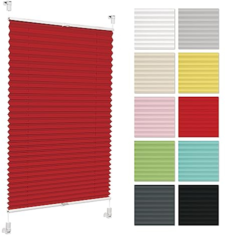 Plissee ohne Bohren 80 cm x 120 cm - Rot - Plissee klemmfix, Rollos für Fenster ohne Bohren, Jalousien Fenster für innen, Raffrollo, Fenster plissee
