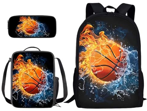 Poceacles Schulrucksack-Set für Kinder, 3-teiliges Set, für Jungen und Mädchen, Büchertasche mit Lunchbox, Federmäppchen, lässiger Tagesrucksack-Set, Basketball, Wasserfeuer, Einheitsgröße