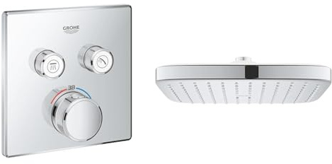 GROHE Grohtherm SmartControl - Concealed Square Thermostat for Shower or Bath (2 Valves & Vitalio Comfort 250 - Cube Shower Head with Relaxing Rain Spray (Anti-Limescale System, Min.