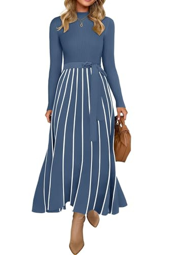 ZESICA Womens 2026 Spring Turtleneck Long Sleeve Sweater Dress Tie Waist Casual Loose Ribbed Knit A Line Midi Dresses Dusty Blue Large