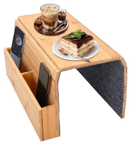 ybaymy Sofa Tablett Armlehne mit Getränkehalter aus Holz Couch Ablage | Faltbar Fernbedienung und Handy-Organizer Sofatablett Armlehnen Rutschfestes Sofa-Regal