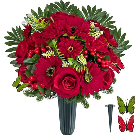 HENOMO Ariticial Cemetery Headstone Flower -Outdoor Grave Decorations,Mixed Bouquet of Artificial Silk Rose and Gerbera Daisies Christmas Red Berry for Tombstones (Vase Included)