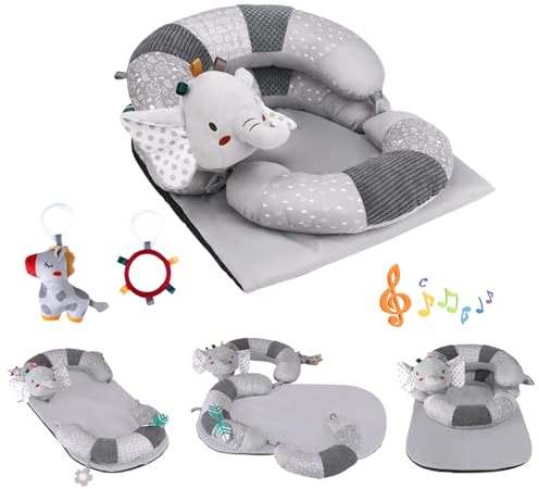Blublu Park 3-in-1 Tummy Time Mat and Seated Support Pillow for Infant, Sit Me Up Floor Seat with Detachable Support Pillow to Prevent Reflux, Portable Playmat for Newborn Boys and Girls (Grey)