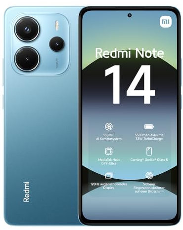 Xiaomi Redmi Note 14 smartphone, 6+128GB, blue, 108MP AI camera system, 5500mAh battery, 120Hz eye-care display, AI features (no charger included), 2 year Warranty