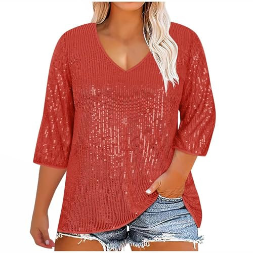 Keepink Women's Sequin Tops Plus Size 3/4 Sleeve Glitter Sparkly Blouse Oversized V Neck T Shirt Dressy Casual Tunic Shirts Pullover Comfy Elegant Party Evening Top Clearance