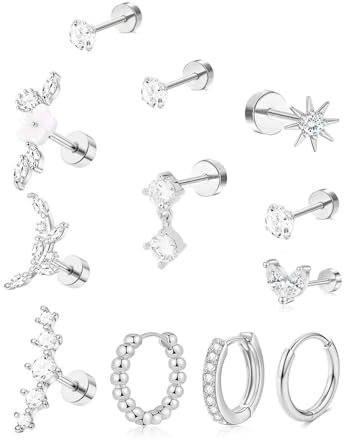 KGDUYC 12Pcs Helix Piercings Chirurgenstahl Ohrringe Piercing Set CZ Blume Ohr Piercing Ohrstecker Knorpel Ohrringe Damen Klein Ohrringe Creolen Conch Helix Tragus Piercing Ohr Schmuck - Silber