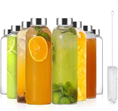 Glass Water Bottles with Lids 8pcs Glass Juice Bottles 500ml Reusable Drinking Bottle Leakproof Beverage Container Clear Glasses Bottle for Juicing Sauce Jar Hot & Cold Drinks Milk,with Brush