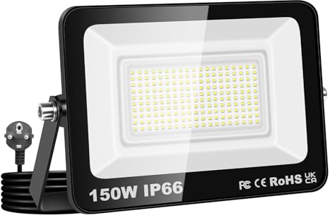 RIGIDON LED Strahler Außen & Innen mit Stecker, 150W 15000LM Außenstrahler | LED Scheiwerfer Spotlight Fluter Flutlicht 230V, IP66 Wasserdicht 6000K kaltweiß für Garage, Garten, Sportplatz, Terrasse