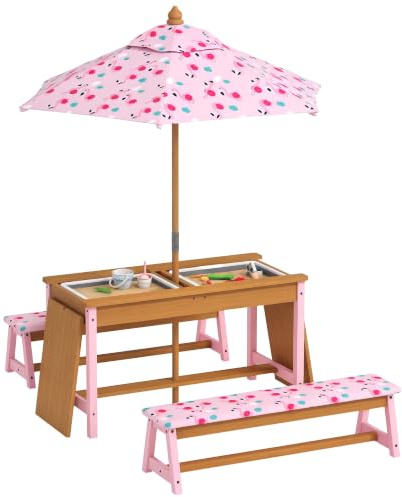 AIYAPLAY Kids Picnic Table Garden Furniture, Foldable Umbrella, Pink
