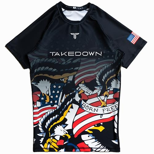 Takedown Short Sleeve Rashguard for Kids - Breathable Youth MMA Compression Shirt for Jiu Jitsu & Wrestling (Star Spangled, Large)
