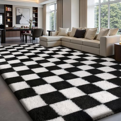 Sour Lemon Hochflor Teppich Wohnzimmer 240x300cm, Großer Flauschiger Carpet | Kinderzimmer Teppiche Gegend, Waschbarer Teppich Schlafzimmer Antirutsch, Weich Kariert, Schwarz-weißer Schachbrettmuster