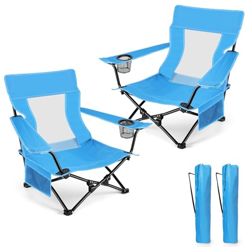 HaSteeL Low Beach Chairs, 2Pcs Folding Camping Lawn Chairs - Blue