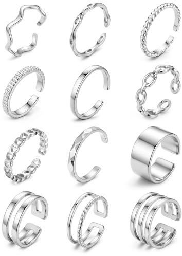 JeweBella 12 Stück Ringe Gold Silber Wasserfest Ring Damen Edelstahl | Verstellbar,18K Vergoldete Trendy Stapelbare Offene Ringe Set Frauen,Daumenring,Fingerring,Stapelringe Damen Schmuck
