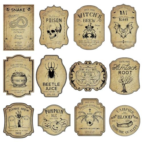 24 Pieces Wine Bottle Labels, Creepy Halloween Stickers for Wine Beer, Vintage Scary Potion Bottles Labels Halloween Animal Apothecary Bottle Stickers for Halloween Party