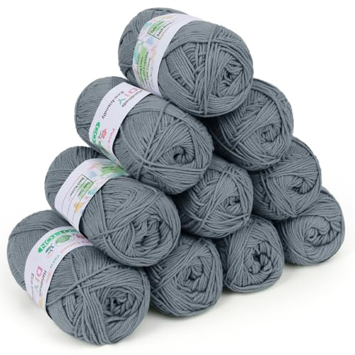 Coopay Wolle zum Häkeln, 100% Baumwolle zum Stricken, 10 x 50g Weiches Häkelgarn Baumwolle zum Häkeln, Babywolle Baumwollgarn für Pullover, Socken, Babydecke - Dunkelgrau