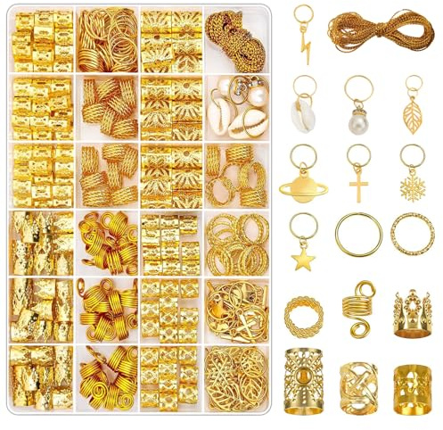 Wefaly 259 Stück Haarschmuck Gold für Zöpfe, Goldener Haarschmuck für Dreadlocks Dreadlocks Schmuck Klipsen Loc Schmuck für Haar Verstellbar Haarperlen Zum für Männer Frauen Mädchen und Jungen Zöpfe