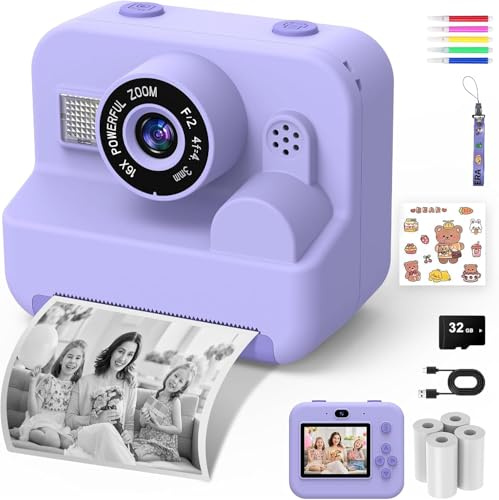 Macchina Fotografica Bambini Istantanea - 1080P 2.4 Selfie Fotocamera Bambini con Carta da Stampa e 32GB Scheda, Giocattolo Regalo Natale Bambino e Bambina 3-12 Anni (Viola)