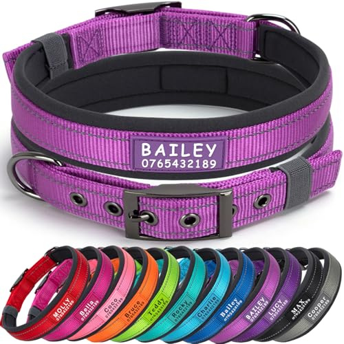 SEOUGEE Personalisiertes Hundehalsband mit Namen und Telefonnummer, strapazierfähige Metallschnalle, ultrabreites, weiches Neopren gepolstert, verstellbares, reflektierendes Hundehalsband für kleine
