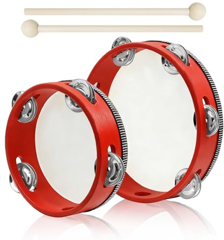 2 Stück Handtrommel 8 Zoll und 6 Zoll,Tamburin Holz für Erwachsene Kinder,Handtrommeln Tambourine Instrument für Kindergarten, Familie,Party und Musikunterricht (Rot,8 Zoll + 6 Zoll)