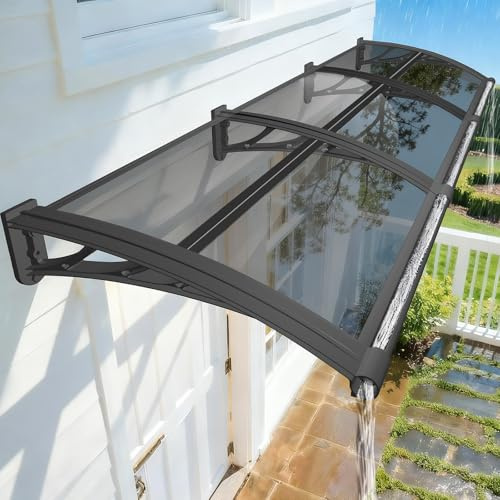 NacstarHome Vordach für Haustür mit Ablaufrinne, Überdachung Fenstervordach Länge 250cm, Grau Polycarbonat Platte, mit 100cm Grau Halterung, Sonnenschutz und Regenschutz