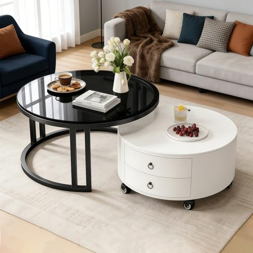 Coffee Table Set with Storage, Nest of Tables with Tempered Glass and Rock Slab, Stacking End Side Table with Metal Frame and Wheels for Living Room, Bedroom, Office, Balcony, Apartment, Round White