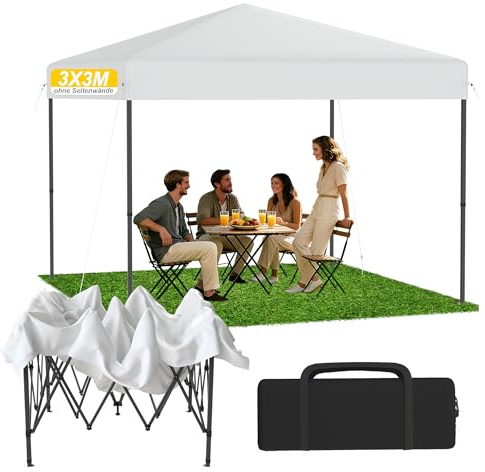 YRHome 3x3m Tonnelle de Jardin Tente,Pop-UP étanche UV Pavillon avec Sac, Cordes&piquets, Installation par Simple Pression sur Un Bouton Hauteur réglable - Blanc