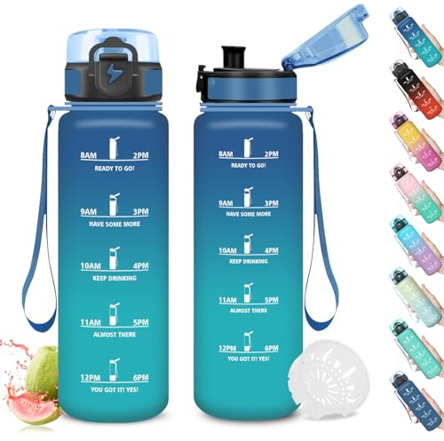 Mujigaga Borraccia 1 Litro, Borraccia Palestra, Bottiglia Motivazionale con Filtro, a Prova di Perdite, Bottiglia Acqua Sportiva con Indicatore del Tempo, Borracce per Bicicletta, Gym, Campeggio