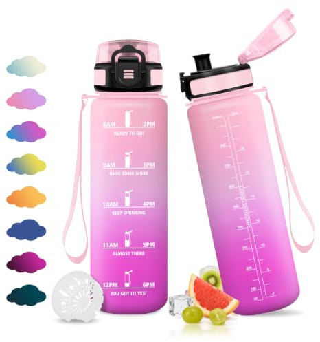 JAPORIA Trinkflasche 1L, Trinkflasche mit Filter, Wasserflasche mit Zeitmarkierung, Sportflasche Kohlensäure Geeignet, BPA-Frei, für Outdoor, Camping, Büro, Yoga