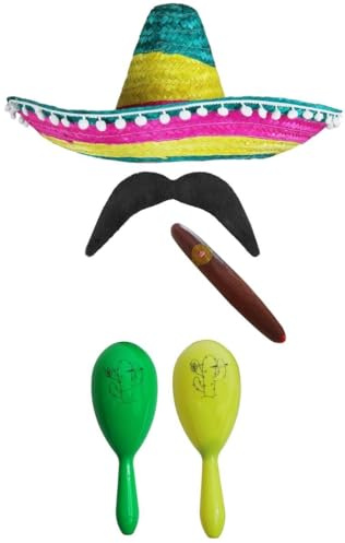 Mexikanskt tillbehörsset för vuxna – flerfärgad mexikansk sombrero, grön och gul maracas, falsk cigarr, mustasch – mexikansk cinco de Mayo Sensorita Bandit Mariachi maskeraddräkt tillbehör set