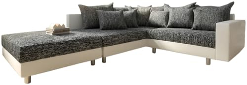 DELIFE Eckcouch Clovis Weiss Schwarz mit Armlehne und Hocker Ottomane Links Modulsofa