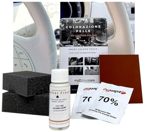 Mycolourcare Kit Ritocco Volante compatibile con Fiat 500 Bianco Avorio Pelle Similpelle Ripristina il Colore dello Sterzo Alternativa al Coprivolante, vernice 3 in 1