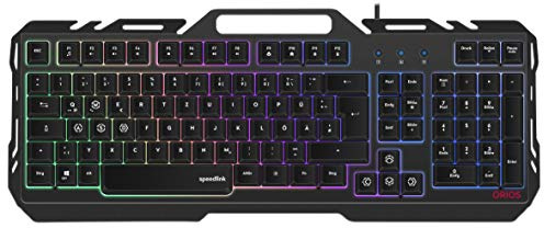 Speedlink ORIOS Gaming-Tastatur - mit RGB-Beleuchtung, 5 Beleuchtungsmodi, praktische Smartphone-Halterung, schwarz