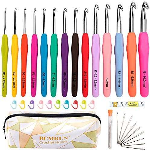BCMRUN Aiguilles à Crochet Set,14 poignées ergonomiques Soft Grip Kit d'aiguilles à Tricoter avec étui, 2mm-10mm, Extra Longues Aiguilles en Tricot, Cadeau de Noël pour Débutants et Professionnels