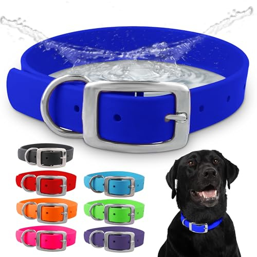 Regal Dog Products Large Blue Dog Collar with Heavy Duty Double Buckle & D Ring | Vinyl Coated, Custom Fit, Adjustable Biothane Dog Collar | Chew Resistant Waterproof Collar for Dogs