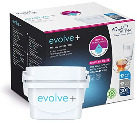 Aqua Optima Evolve+ 30 Day Water Filter Cartridge, 12 Pack, Compatible With Brita Maxtra and Maxtra+, 12 Months Supply, EPS212