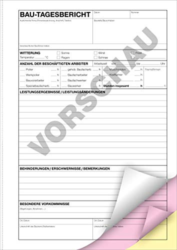 Bau-Tagesbericht | Bautagebuch | selbstdurchschreibend | A4 mit 30 Sätzen á 3 Blatt