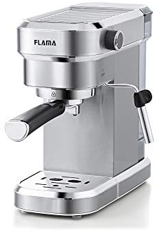 FLAMA Cafetera Expreso 20 Bar con Vapor 1256FL, 1350W, Acero Inoxidable, 3 filtros Para Café Molido y Monodosis, Capacidad de 1.2L, Sistema de Calentamiento por Termobloque, Gris Inox