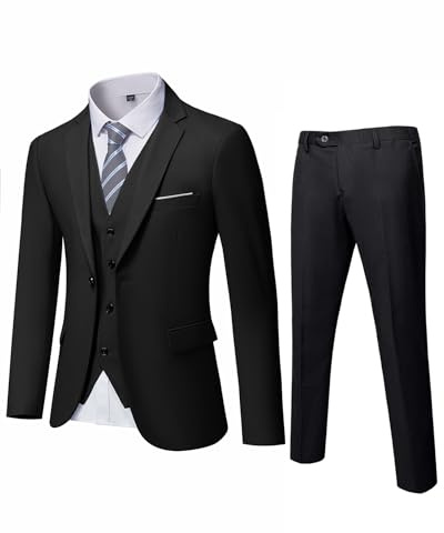 YND Herren Slim Fit 2 Knöpfe 3-teiliges Anzug-Set Solide Blazer Jacke Weste Hose & Krawatte, Schwarz , Large