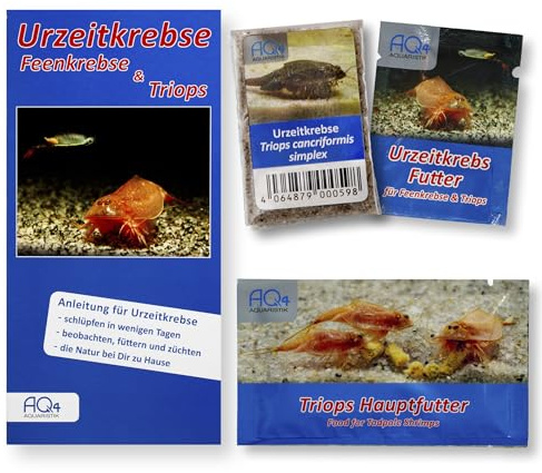 Triops cancriformis simplex Starterset, Urzeitkrebs-Eier, Futter, Anleitung | ca. 100 Urzeitkrebs-Eier in Sand, Aufzuchtfutter, Hauptfutter und Anleitung; Ideal für Einsteiger, Triops züchten, beobachten