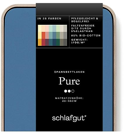 Schlafgut Pure Spannbettlaken 90x200cm bis 100x220cm - 95% Biobaumwolle, 5% Elasthan, Oeko-TEX Zertifiziert, Blue Mid, Matratzenhöhe bis 35cm